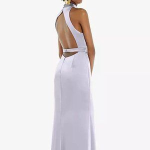 High neck backless maxi bridesmaid dress with slim belt in blueish silver color